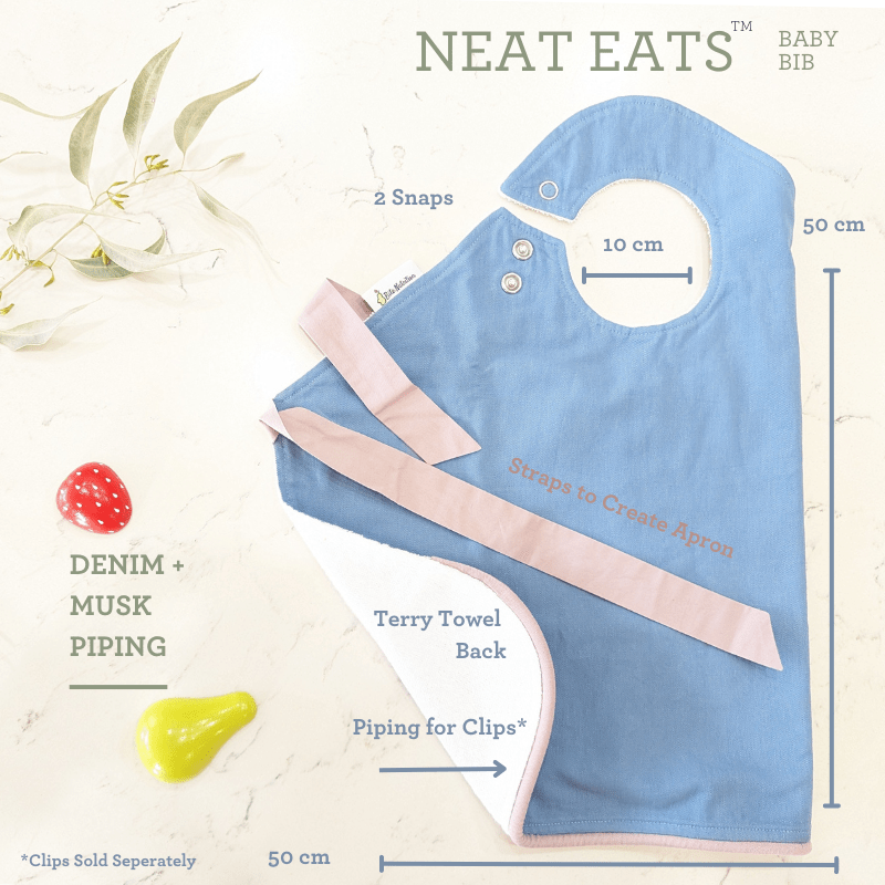 Neat Eats Denim and Musk with measures baby bib