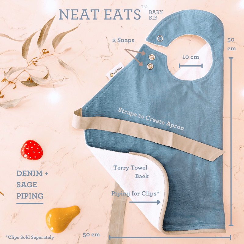 Neat Eats Denim Sage Bib Measures