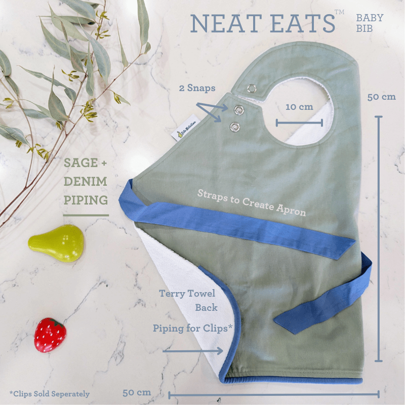 Neat Eats Sage Denim Baby Bib Measures