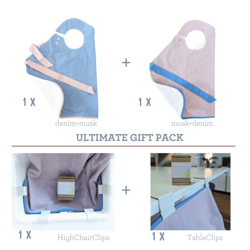 NEAT EATS Gift Pack Baby Bib -2 x Musk+Denim Plus Table +HighChairClips- SAVE 15%